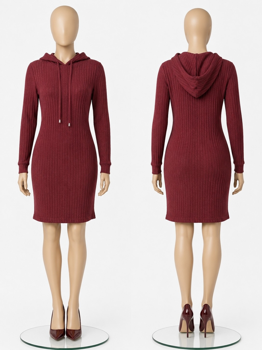 Ribbed Hooded Sweater Dress in Burgundy